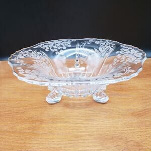 New Martinsville Etched Glass Footed Bowl 10.5" Floral Basket Design 1930s–40s